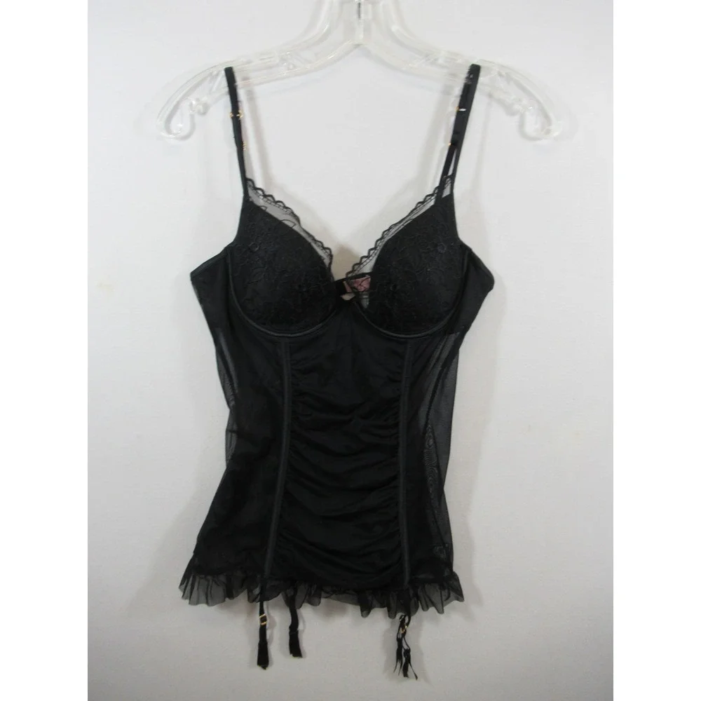 Victoria's Secret Merrywidow Slip with Garters 36C Black Open Bottom Very Sexy